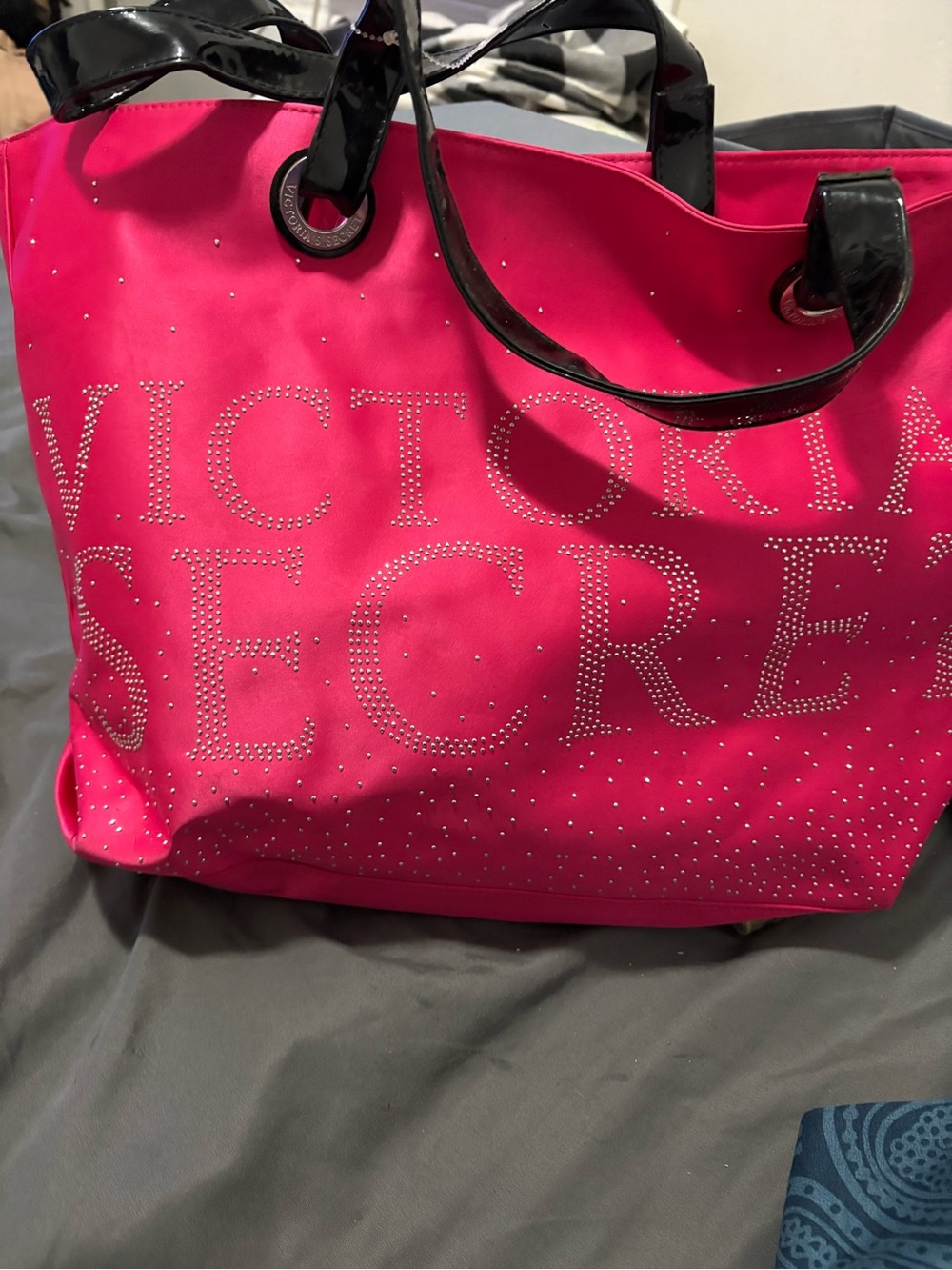 Victoria's Secret Bright Pink Tote with Stud Logo and Black Patent Handles